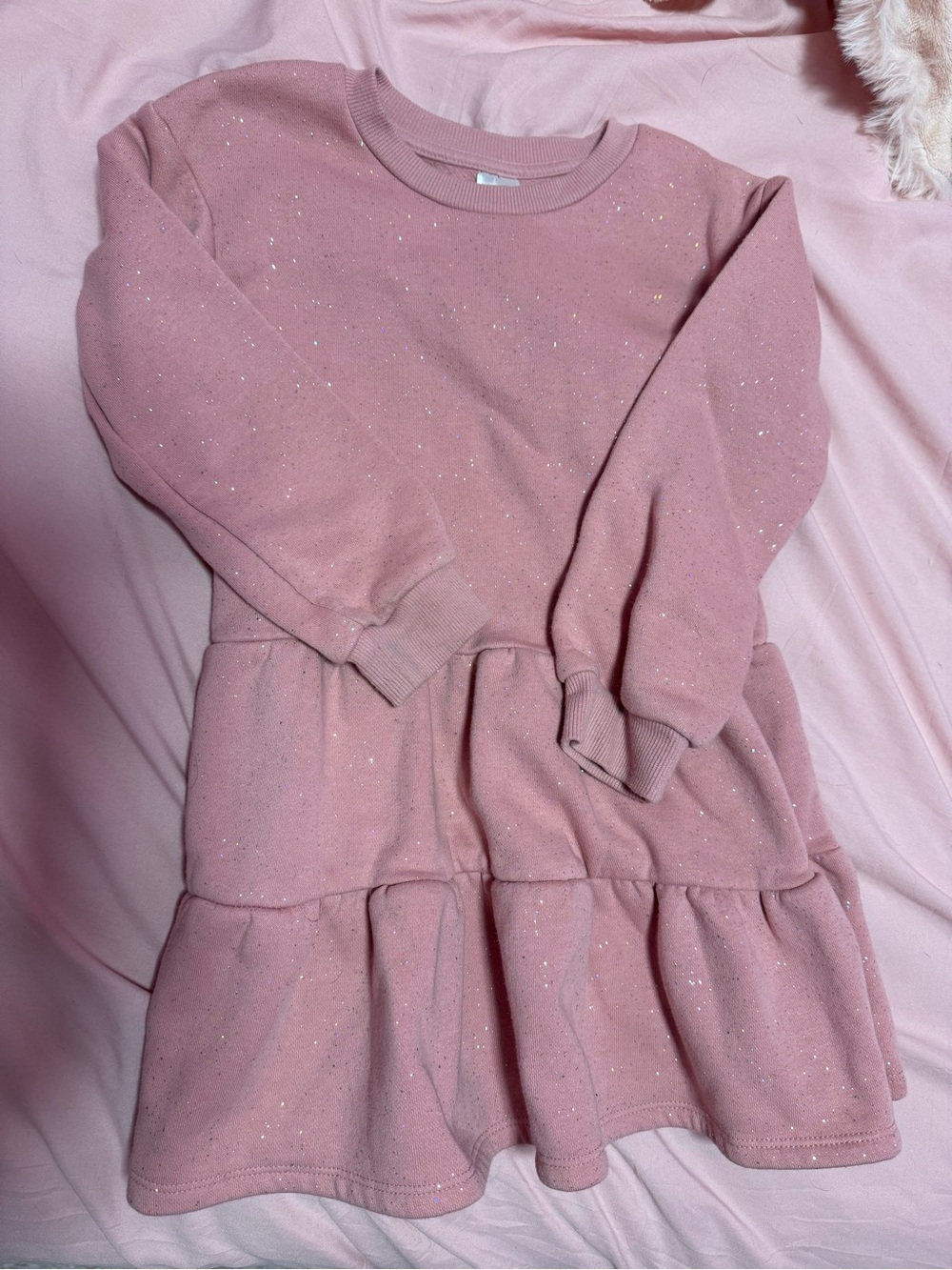 Girls' Pink Sparkle Tiered Sweatshirt Dress